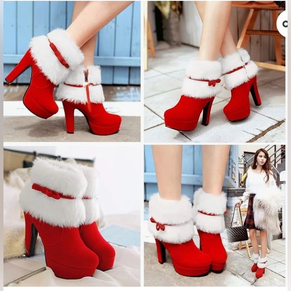 Red Women's Winter Fur Ankle Boots Fur Chunky High Heel Santa Booties 10.5 - Picture 3 of 14